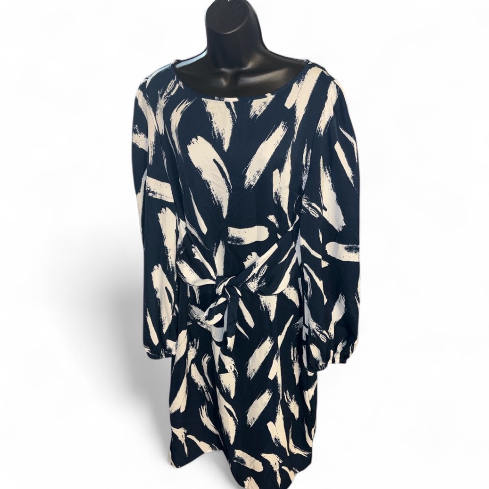 SHEIN LUNE Allover Print Navy & White Lantern Sleeve Belted Dress NWOT - Picture 3 of 6